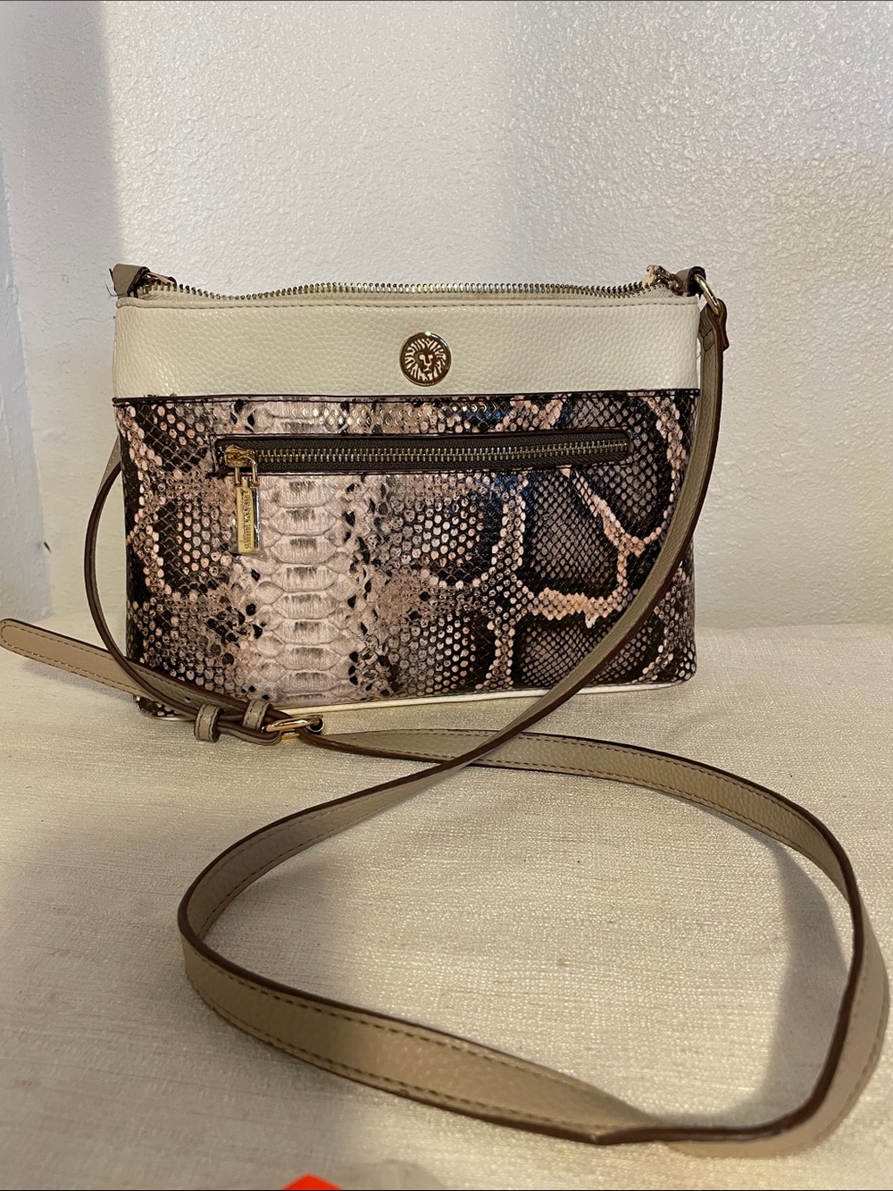 Anne Klein Cream and Brown Snake-Print Crossbody Bag with Gold Accent